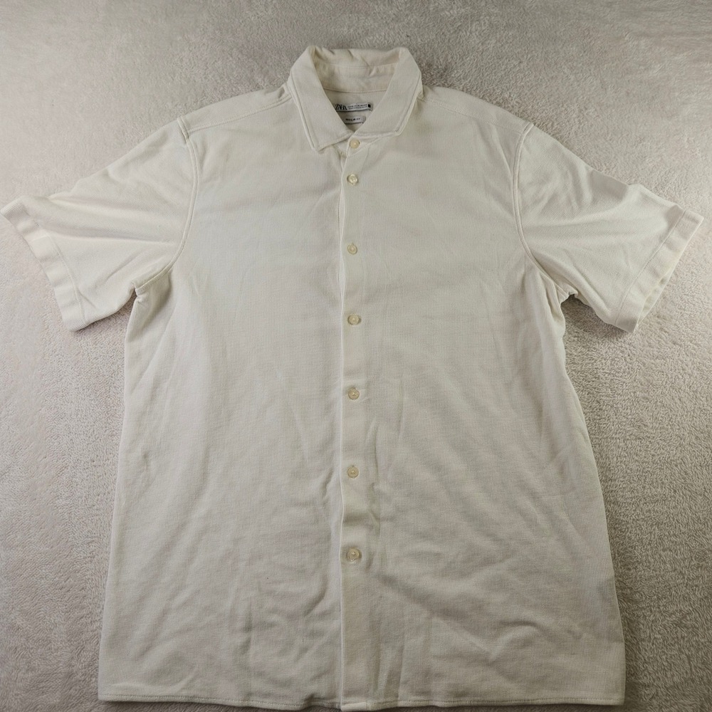 Zara Mens Regular Fit Waffle Knit Short Sleeve Button Up Shirt White XL 2601